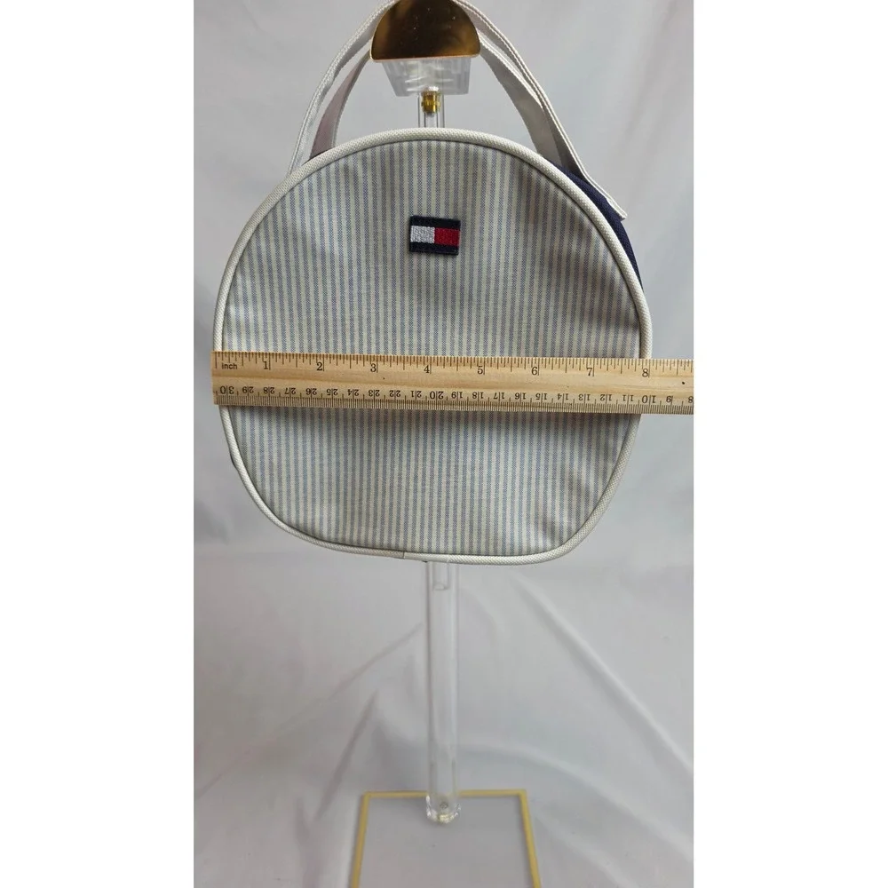 Vintage Tommy Hilfiger Striped Round Cosmetic Bag Blue White Y2K Travel Pouch